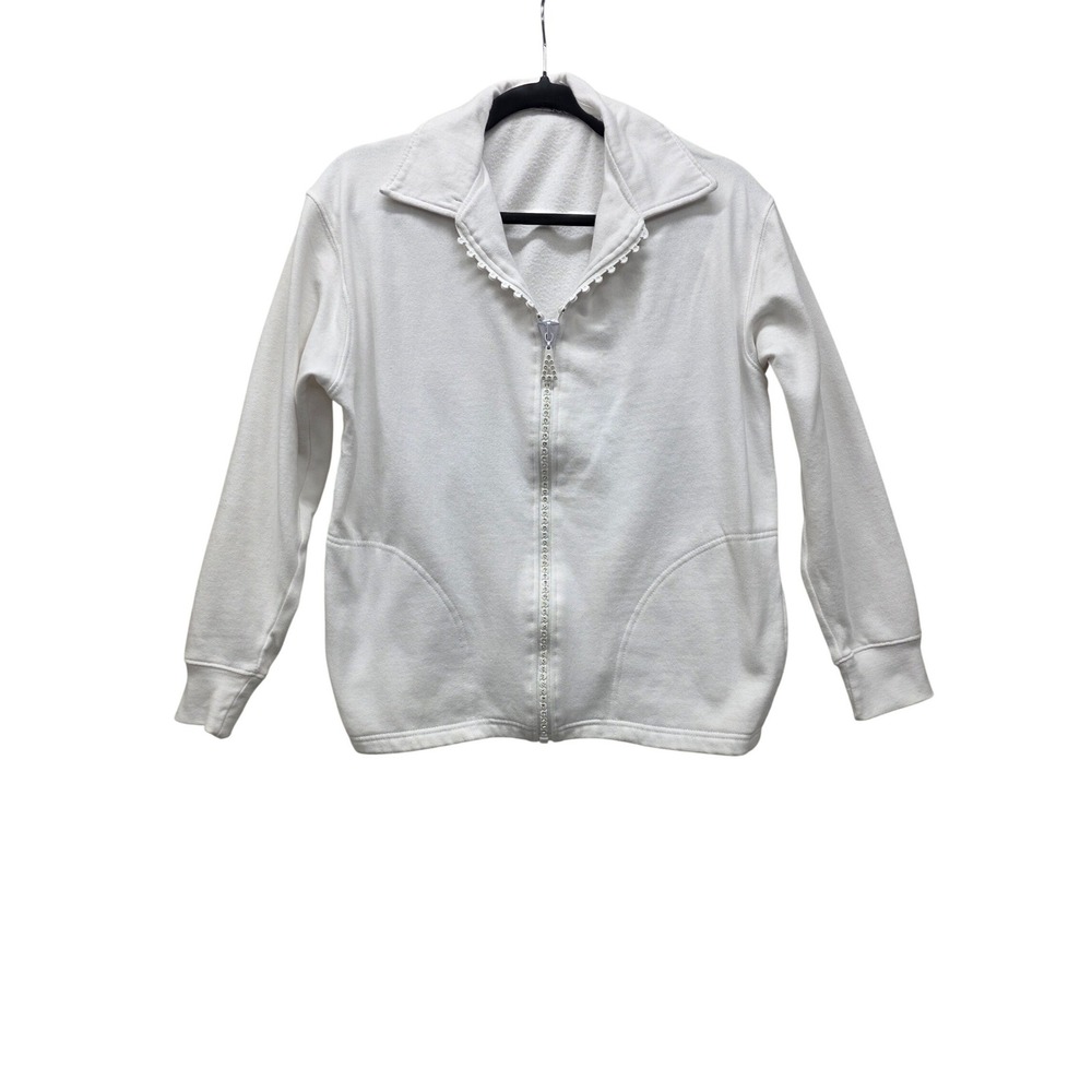 Isaac's Designs Womens White Rhinestone Zip Up Sweatshirt Jacket‎ Small SW1003